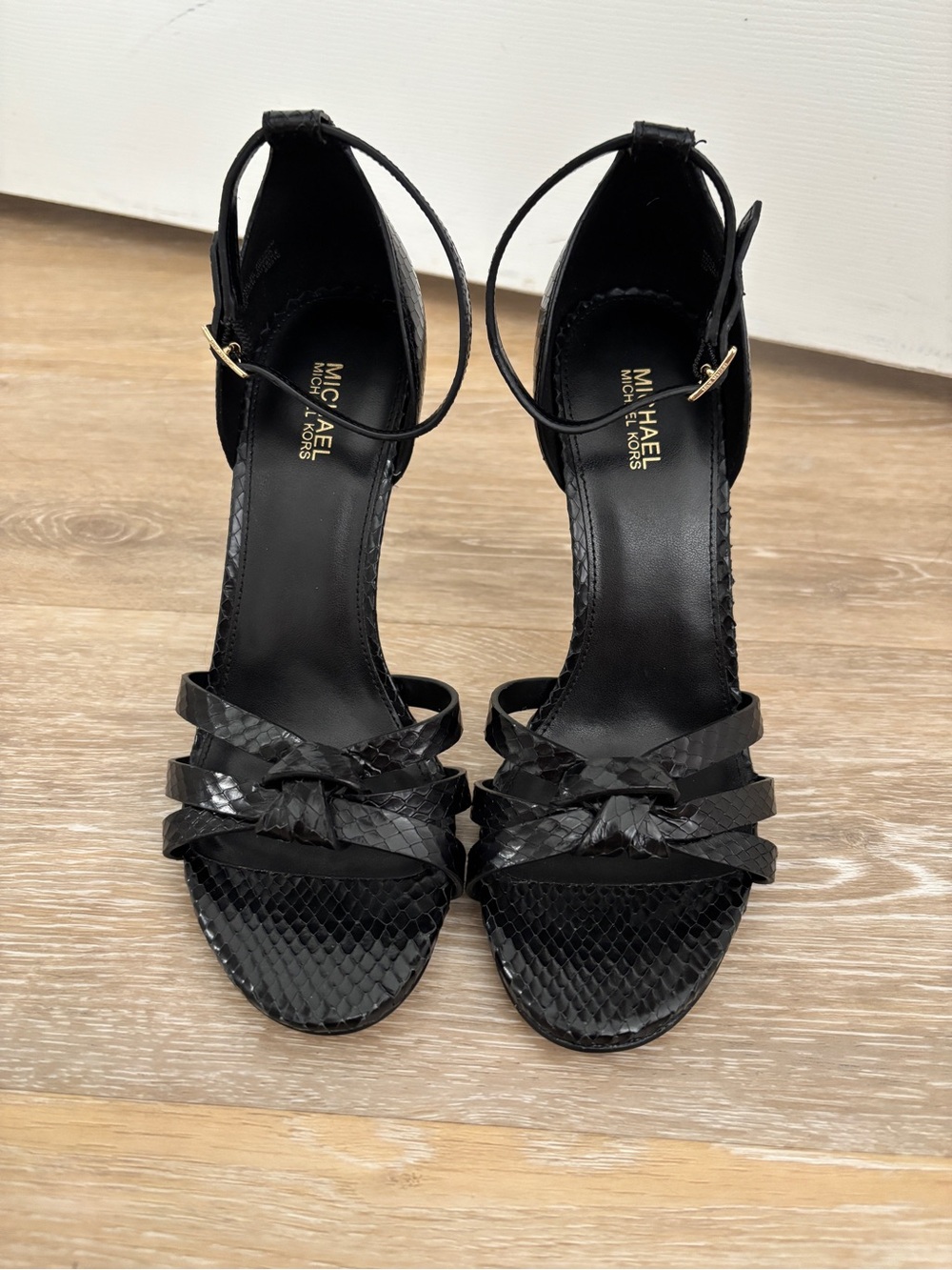 MICHAEL Michael Kors Black Strappy Snake-Embossed Heels